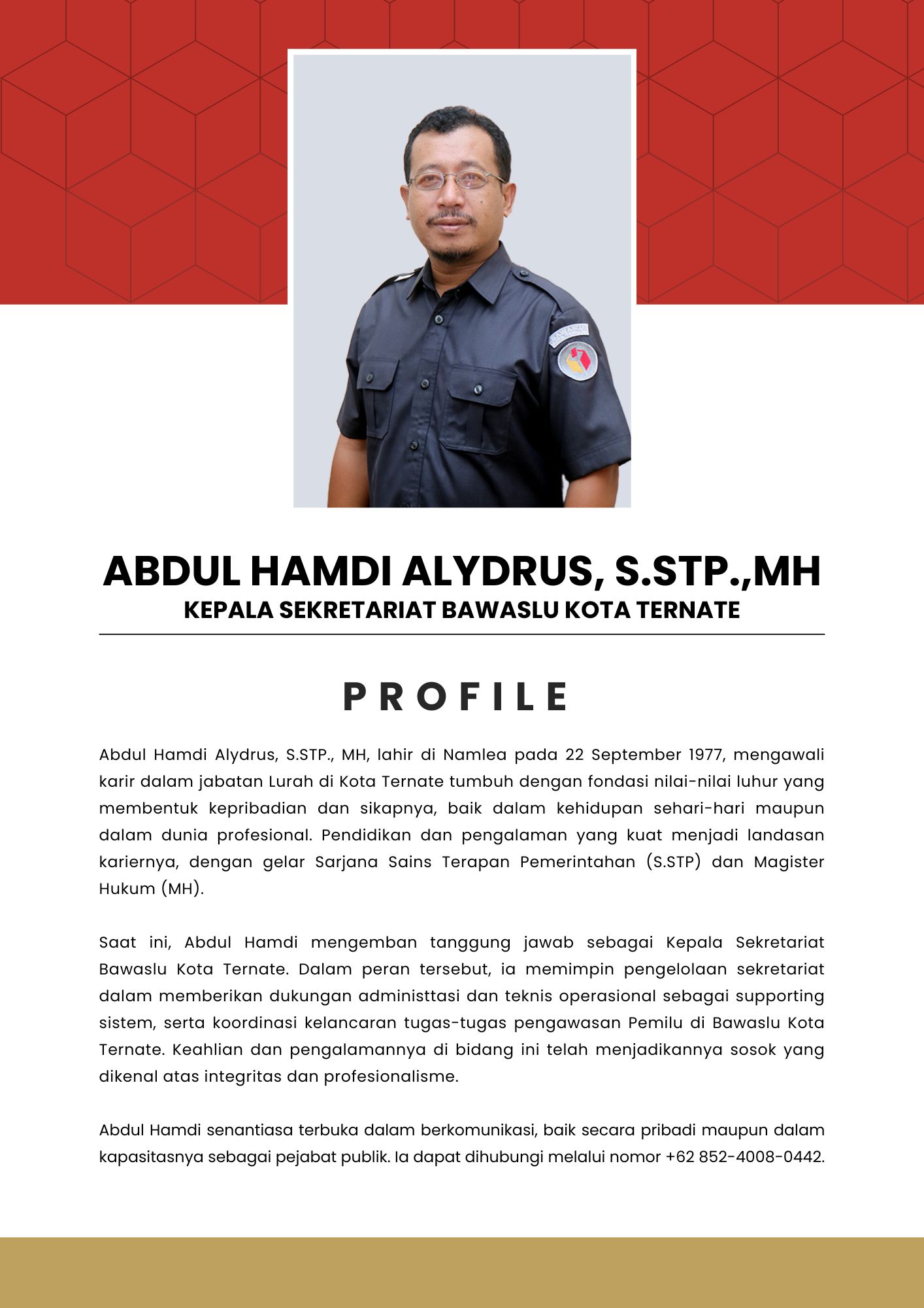 Abdul Hamdi Alydrus, S.STP., MH - (Kepala Sekretariat Bawaslu Kota Ternate)