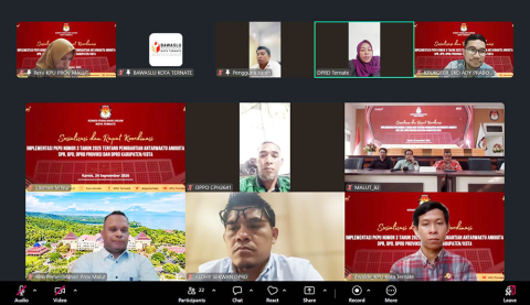Suasana Sosialisasi dan Rapat Koordinasi (Rakor) Implementasi Peraturan KPU Nomor 3 Tahun 2025 tentang Penggantian Antar Waktu Anggota DPR, DPD, DPRD Provinsi, dan DPRD Kabupaten/Kota yang digelar KPU Kota Ternate melalui saluran Zoom Metting.